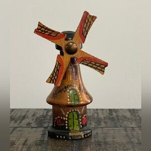 Wooden Windmill Figurine with Painted Details